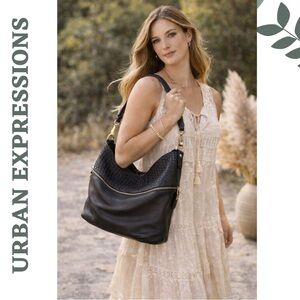 Urban Expressions Black Vegan Leather Woven Hobo Bag